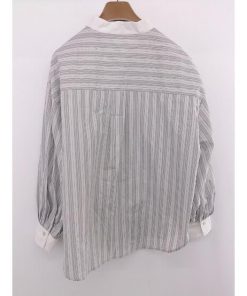 ◇ JaVa× classicalelf コラボ ストライプ バンドカラー 長袖 シャツ ブラウス サイズM グレー ホワイト系 レディース E